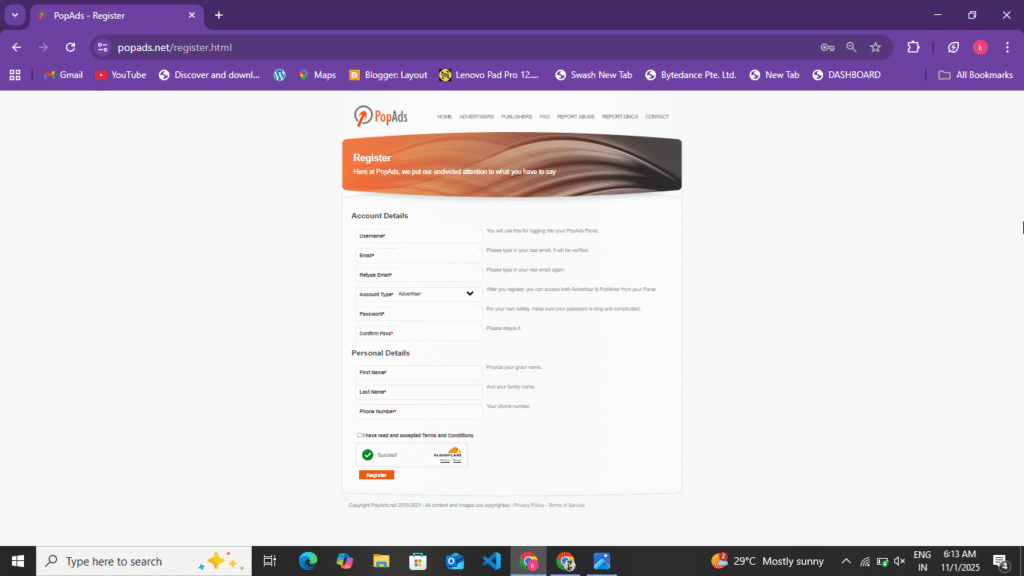 PopAds Account Create Fill Form 