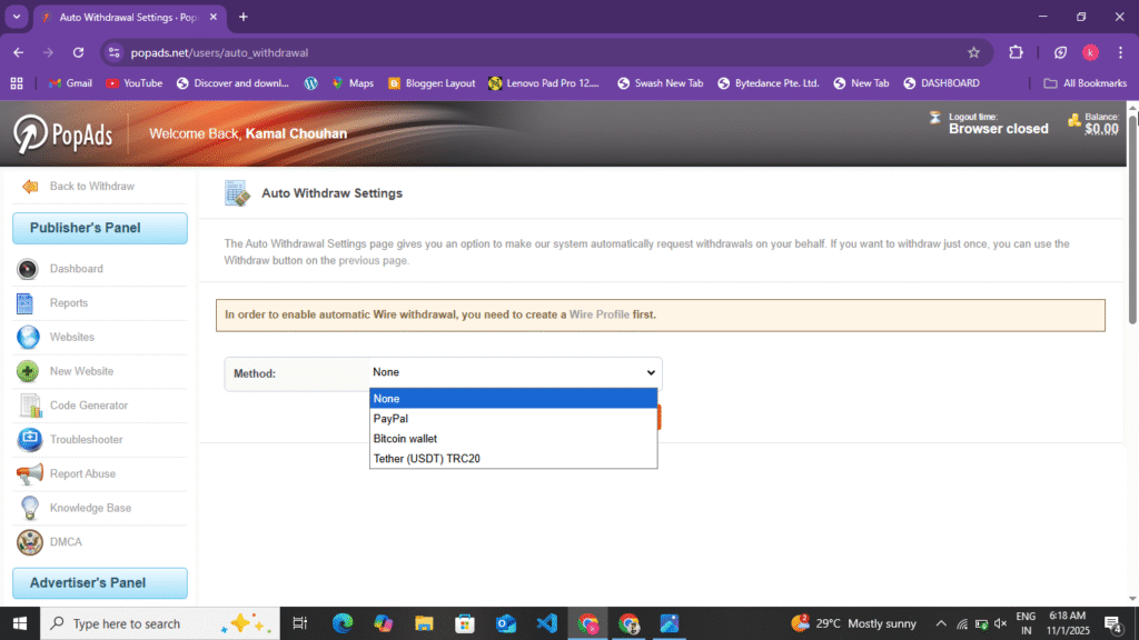 Payment Widrowel Setup In PopAds 
