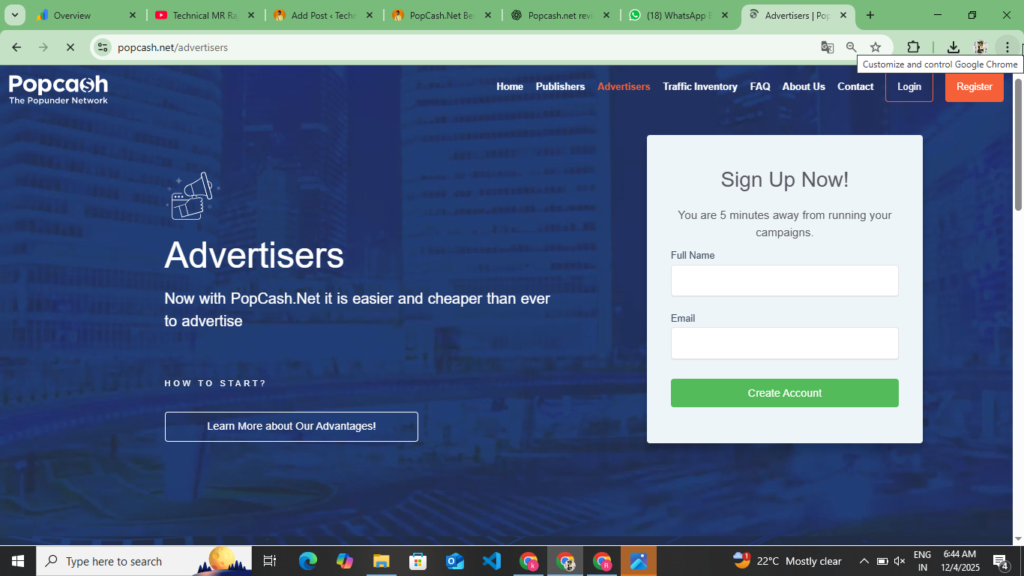 Advertiser Account Create In PopCash 